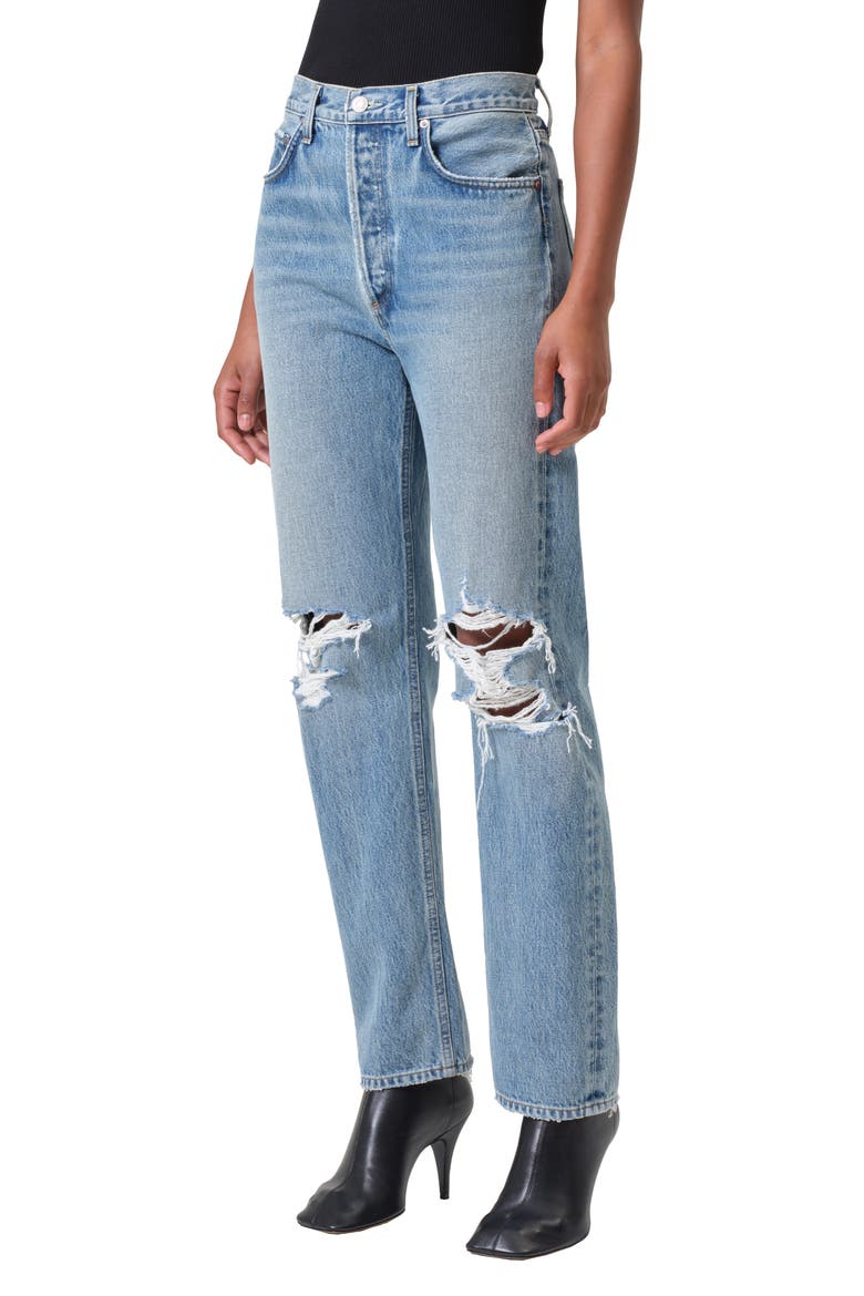 '90s Pinch Waist Ripped High Waist Straight Leg Jeans, Main, color, BACKDROP