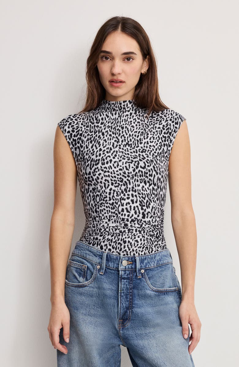 Good American Weightless Mock Neck Bodysuit, Alternate, color, Black And Grey Leopard