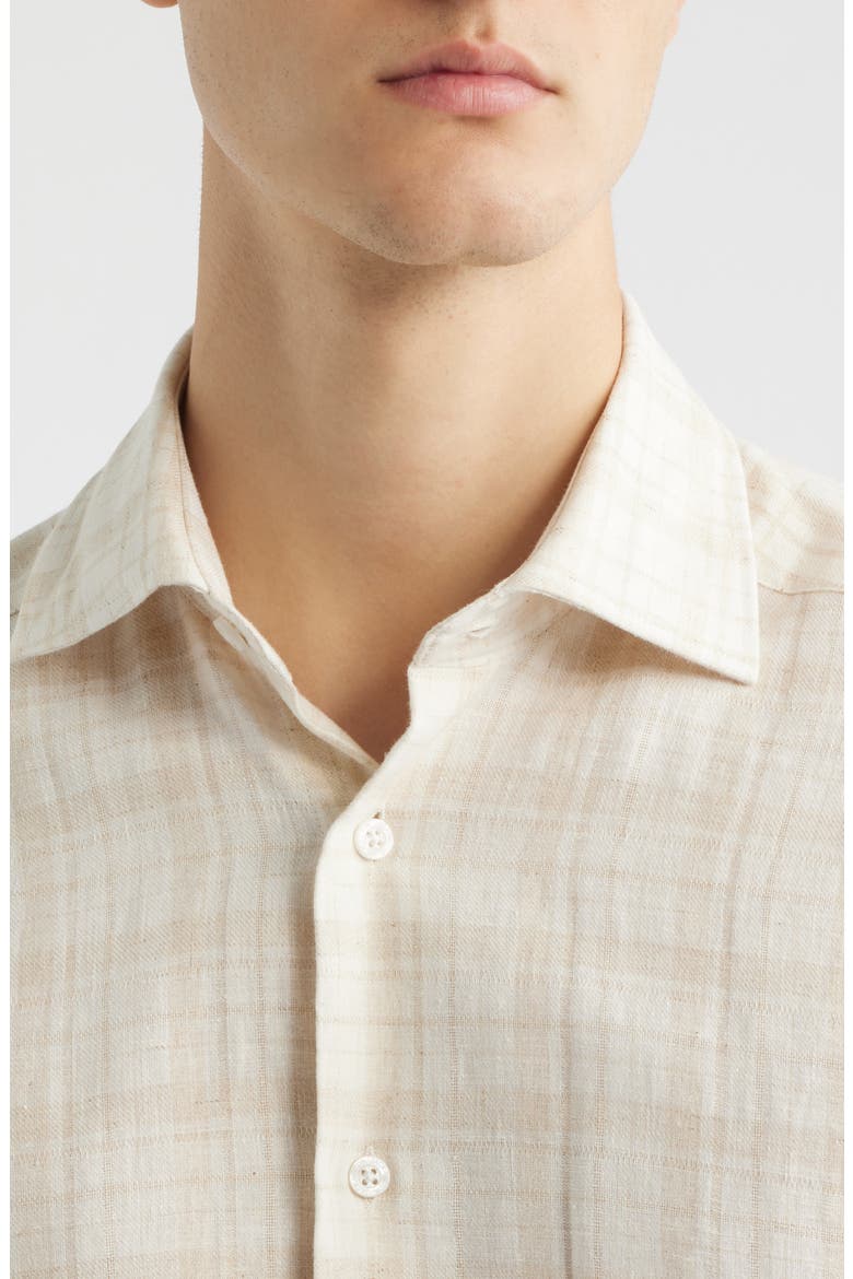 Edgemont Plaid Cotton & Linen Button-Up Shirt, Alternate, color, TAN