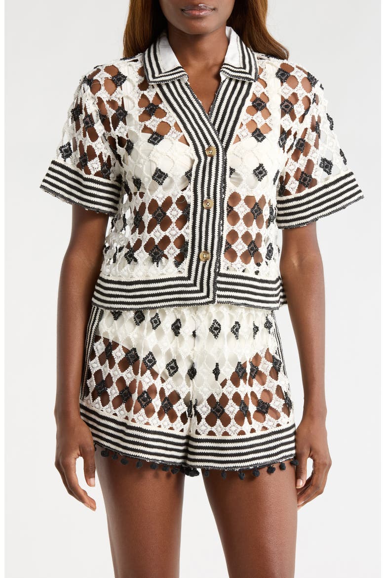 Betty Crop Open Stitch Cover-Up Shirt, Alternate, color, BLACK/ SANDSTONE CROCHET