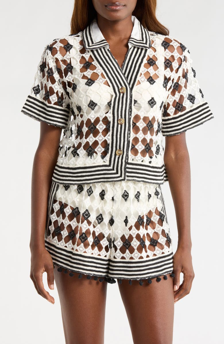 Ramy Brook Betty Crop Open Stitch Cover-Up Shirt, Alternate, color, Black/ Sandstone Crochet