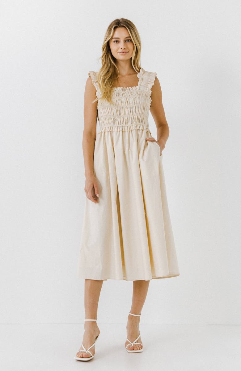 English Factory Ruffle Strap Cotton Midi Dress, Alternate, color, Beige