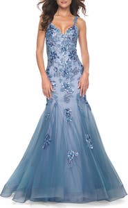 La Femme Mermaid Two Tone Prom Dress with Sequin Lace Beaded Applique