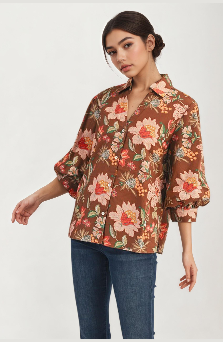 Knit and Lounge Floral Print Button-Up Voluminous-Sleeve Blouse, Alternate, color, 