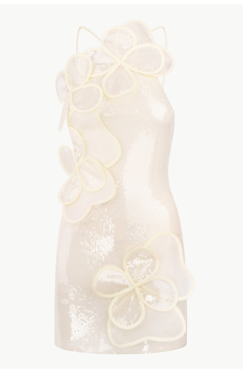 Malva Florea Handcrafted Sequin Mini Dress With Floral Appliqus, Main, color, Beige