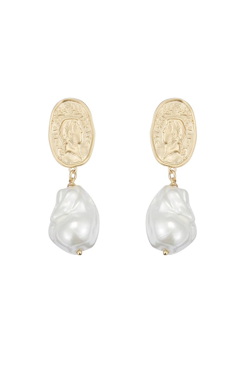 Matted Gold Sculpted Oversized Baroque Pearl Drop Earrings, Main, color, Gold