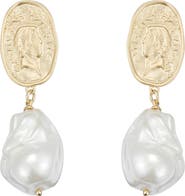 Classicharms Matted Gold Sculpted Oversized Baroque Pearl Drop Earrings