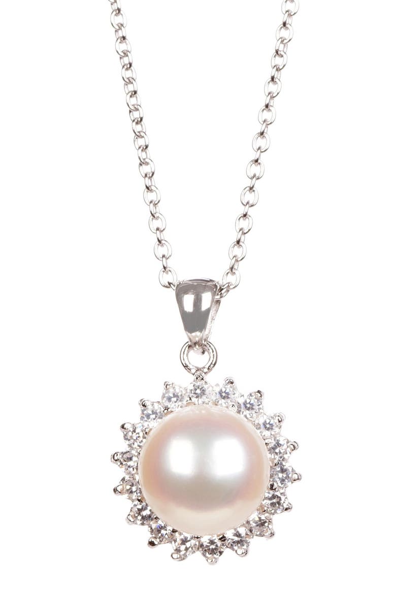 8.5-9mm White Freshwater Pearl & CZ Halo Pendant Necklace & Stud Earrings Set, Alternate, color, WHITE