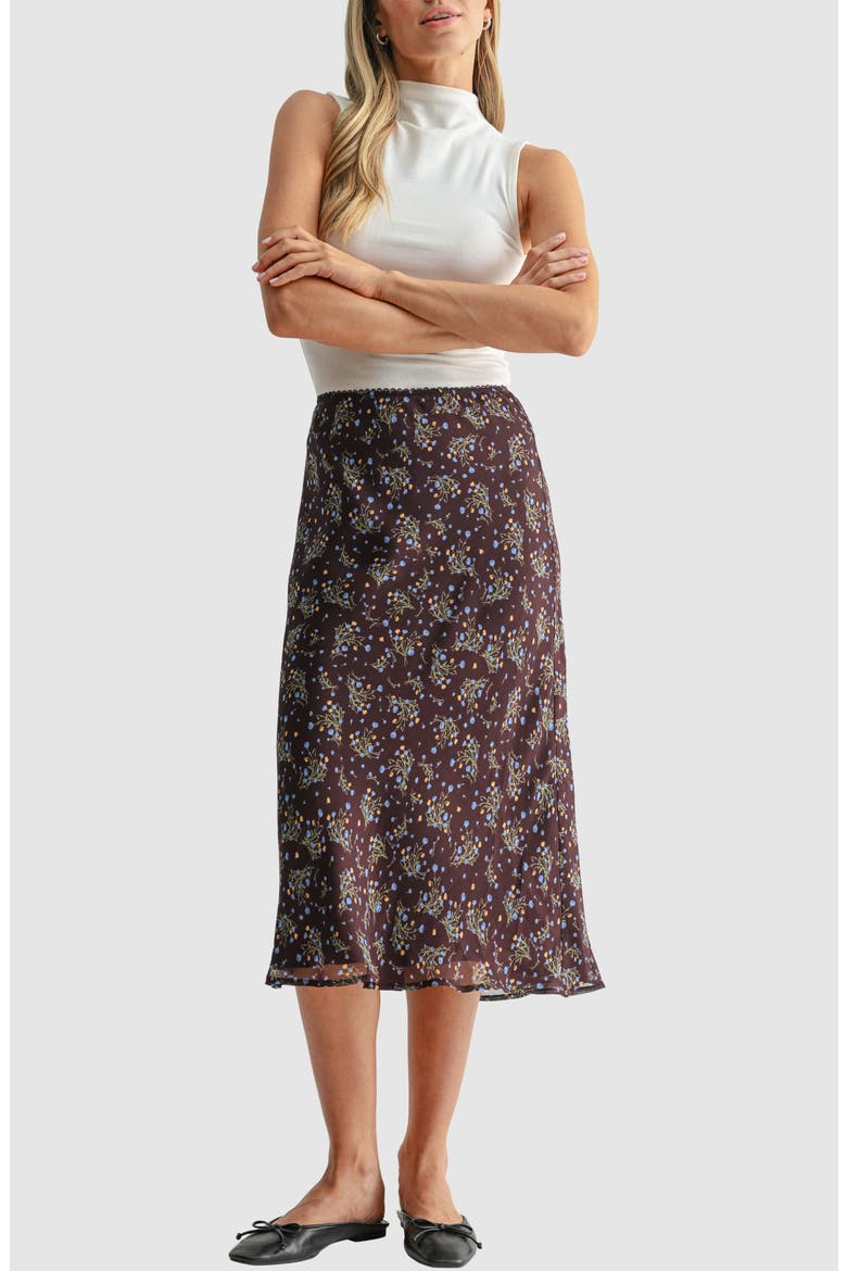 Ditsy Print Bias Midi Skirt, Alternate, color, BROWN BLUE DITSY