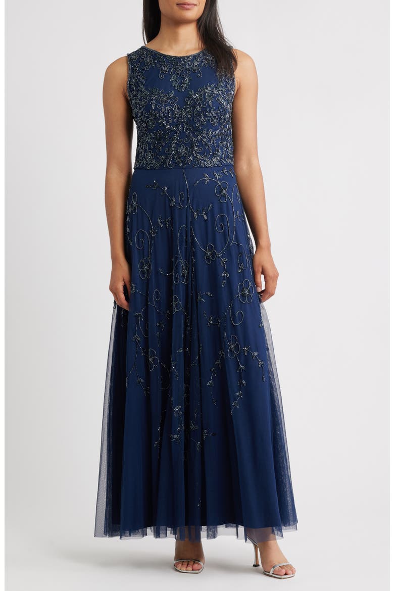 Beaded Mesh Gown with Jacket, Alternate, color, NAVY/NAVY 478