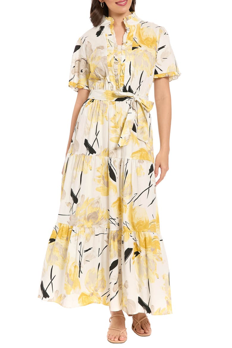 Ruffle Neck Maxi Dress, Main, color, BRILLIANT WHITE/ YELLOW