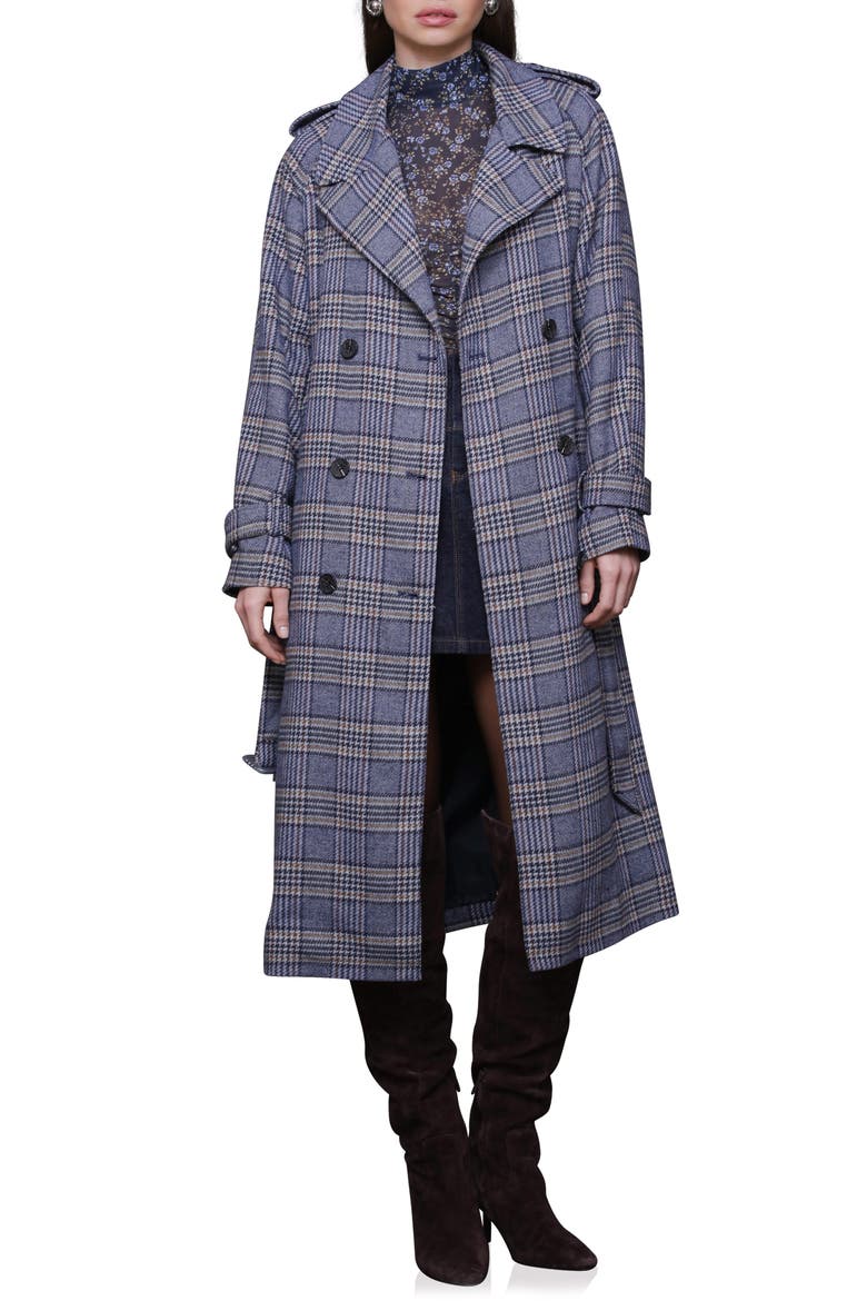 Plaid Herringbone Double Breasted Trench Coat, Main, color, BLUE BROWN PLAID