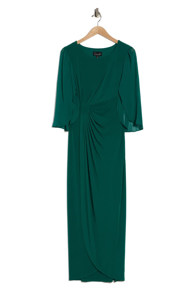 Cape Sleeve Faux Wrap Gown, Alternate, color, EMERALD