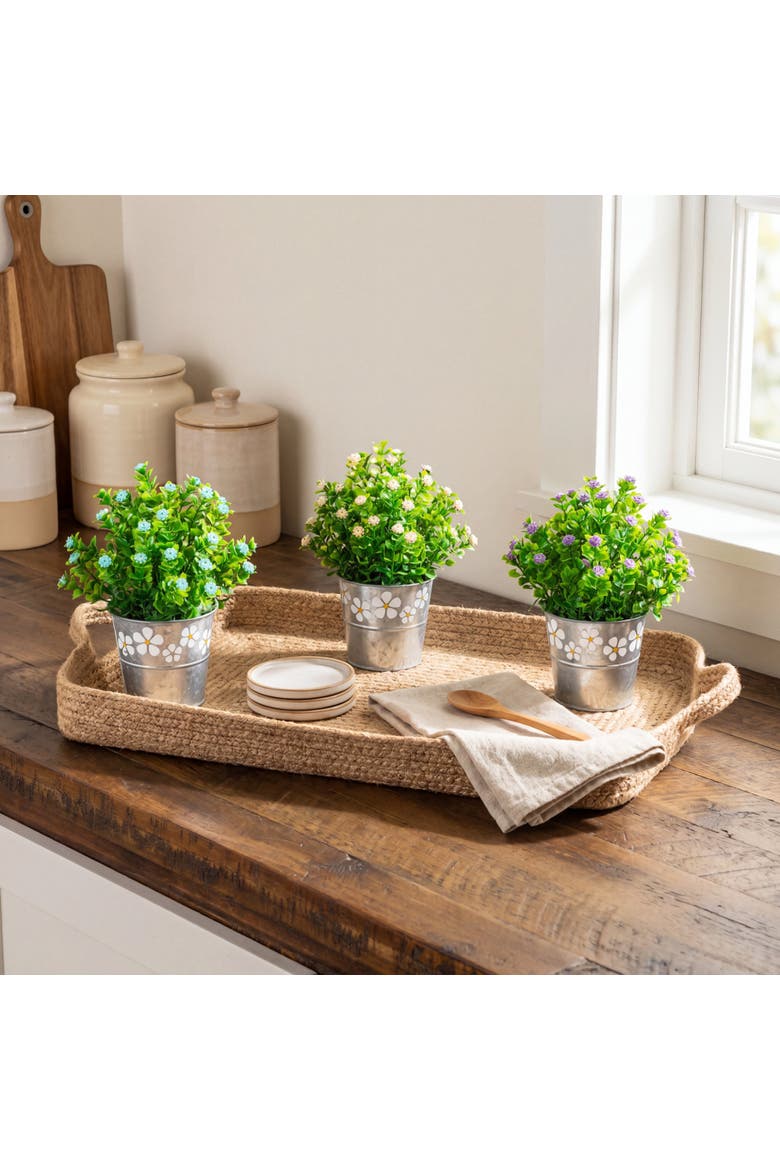8-in Artificial Flowering Plant in Decorative Daisy Tin Planter - Set of 3, Alternate, color, Assortment 1