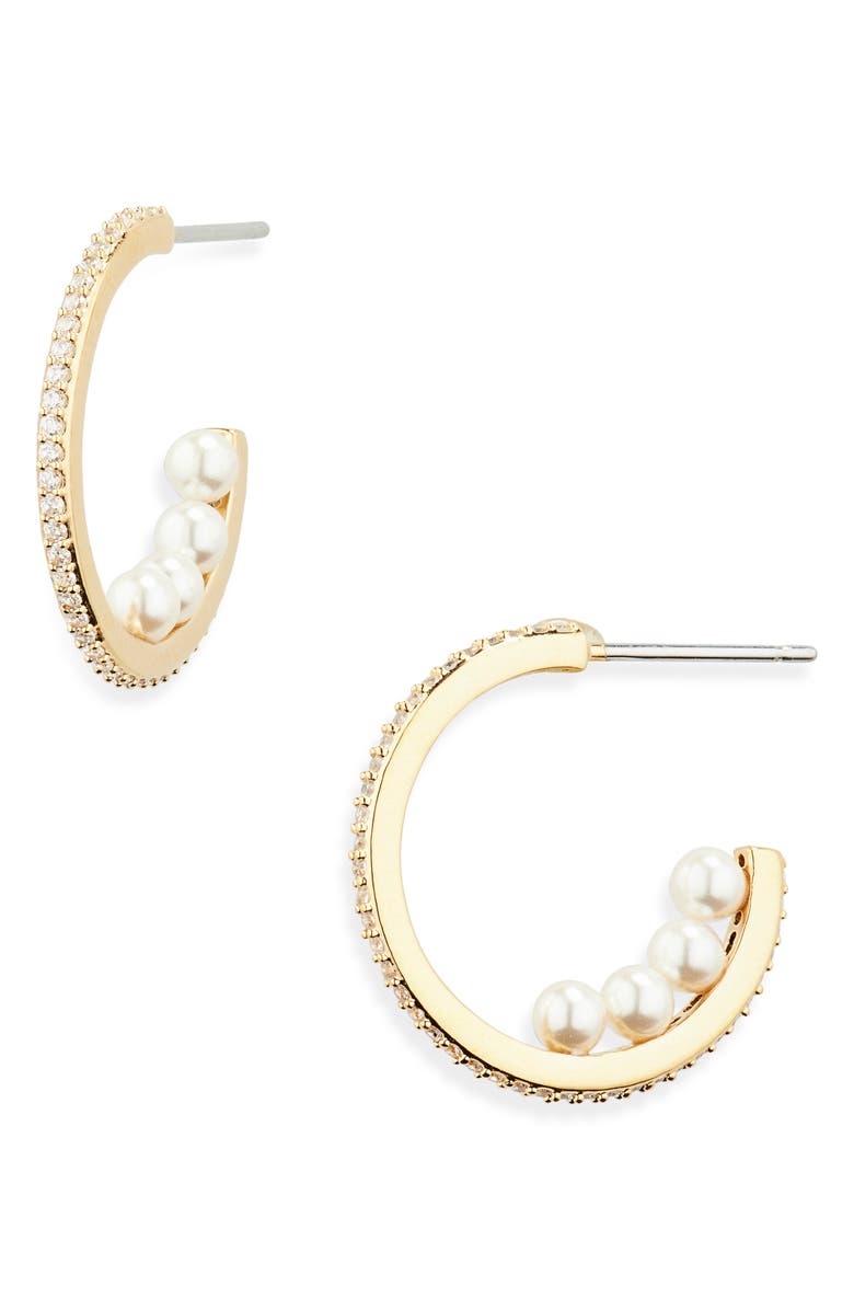 Nadri Perle CZ & Faux Pearl Hoop Earrings, Main, color, Gold