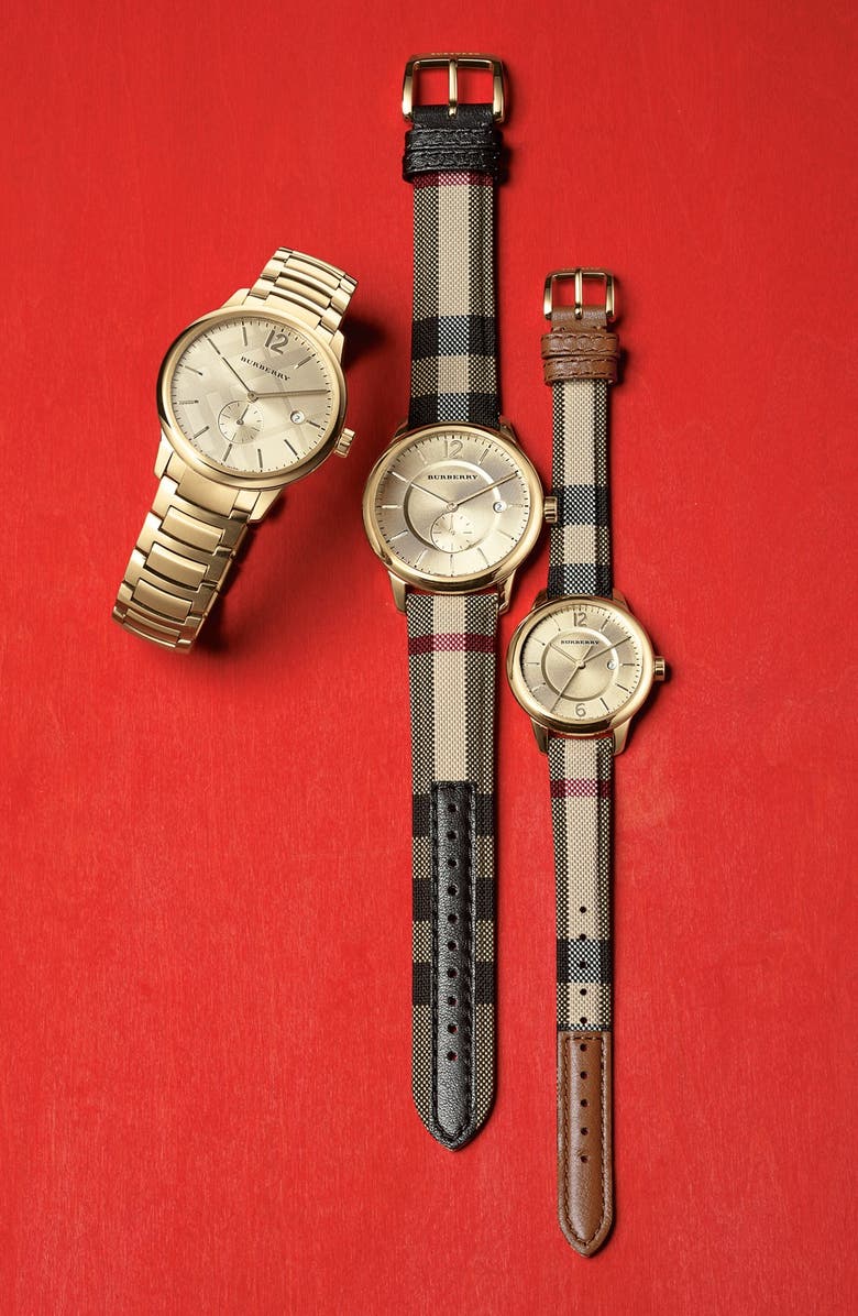 Burberry Check Stamped Leather Strap Watch, 32mm, Alternate, color, 