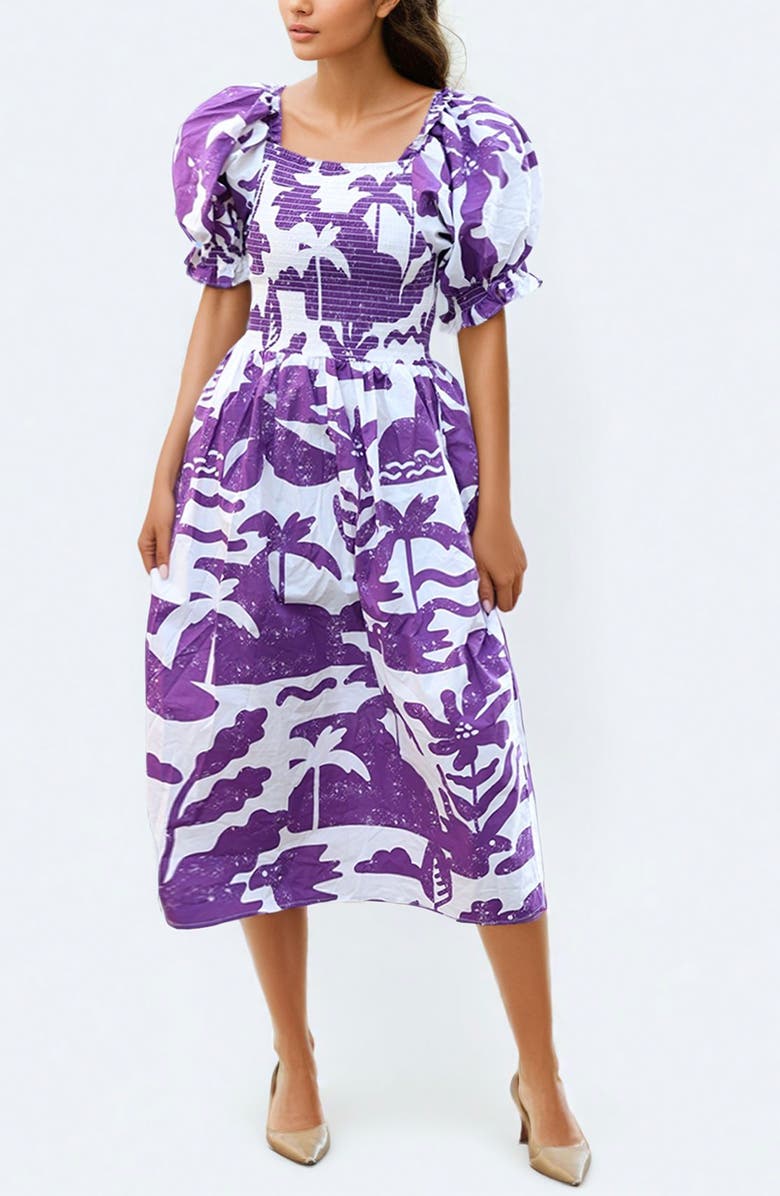 Jessie Zhao New York Malie Smocked Purple Midi Dress, Main, color, 