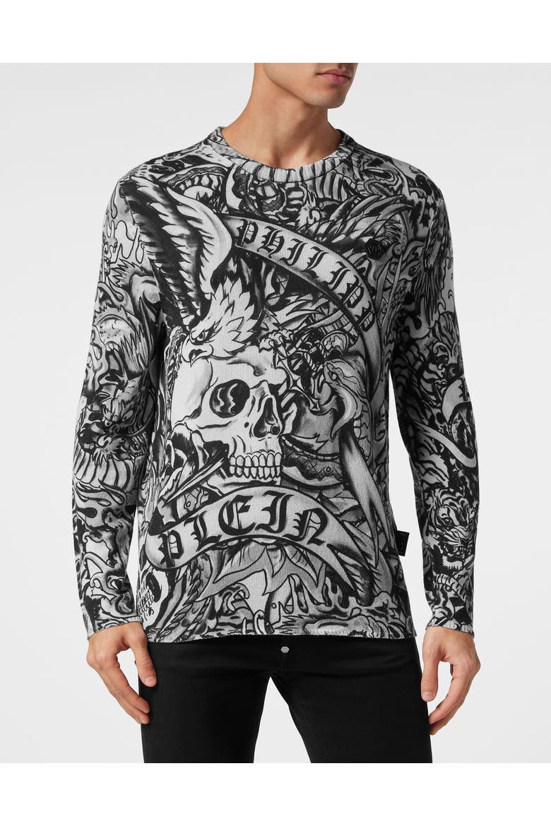Pullover Round Neck Tattoo Men, Main, color, black