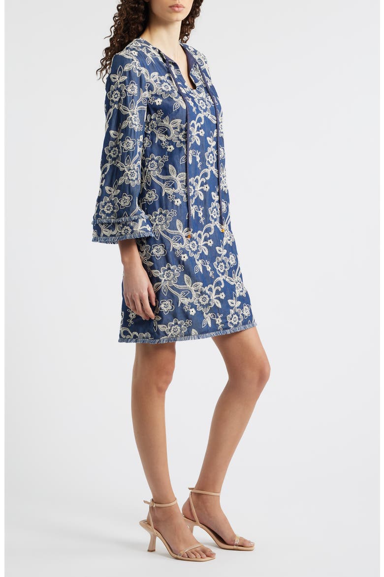 Floral Embroidered Split Neck Shift Dress, Alternate, color, DENIM
