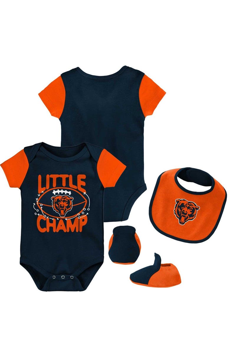 Outerstuff Newborn & Infant Navy/Orange Chicago Bears Little Champ Three-Piece Bodysuit Bib & Booties Set, Main, color, Navy
