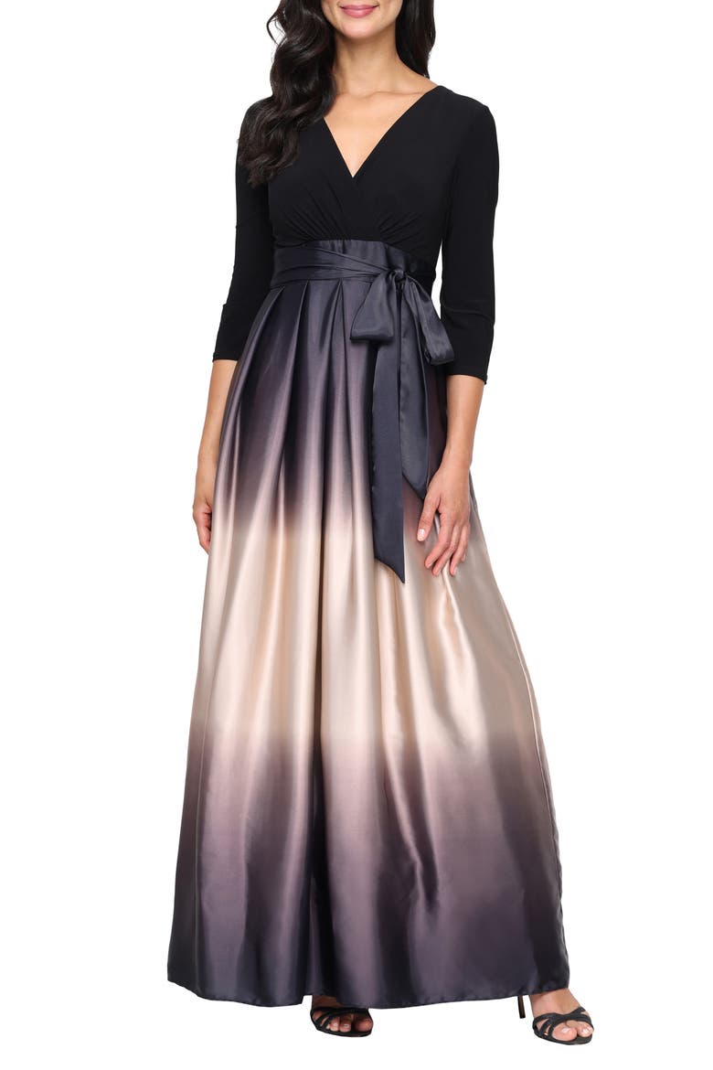 Jersey Bodice Ombré Satin A-Line Gown, Main, color, BLK/ CHA