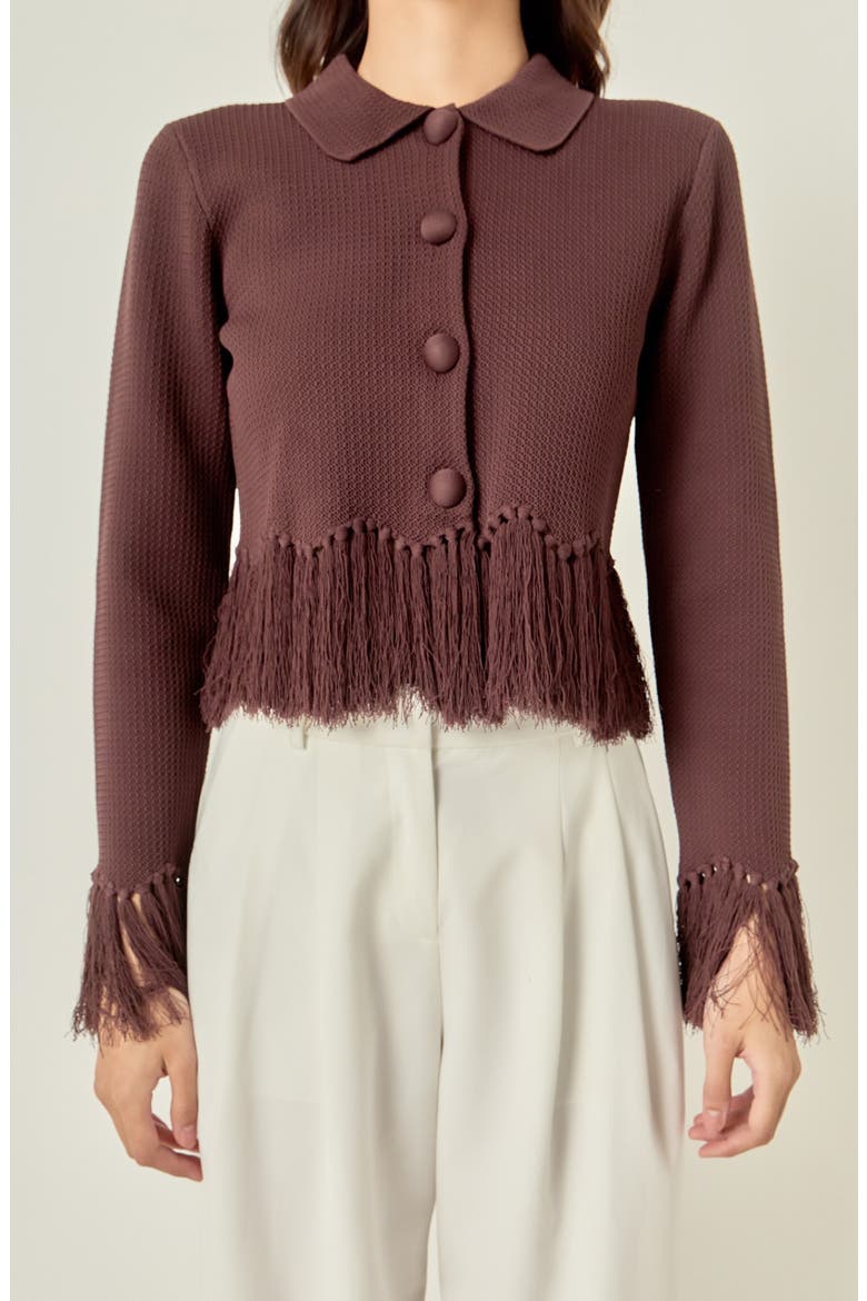 Fringe Trim Cardigan, Alternate, color, CHOCOLATE BROWN