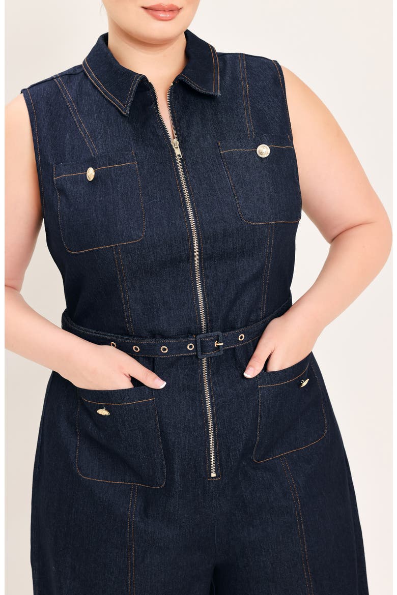 Zip Front Wide Leg Denim Jumpsuit, Alternate, color, DARK DENIM