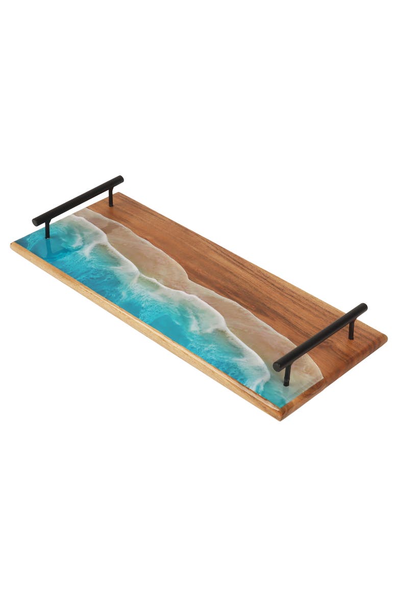Wave Coastal Wood Novelty Rectangle Serving Tray with Handles, Main, color, Blue