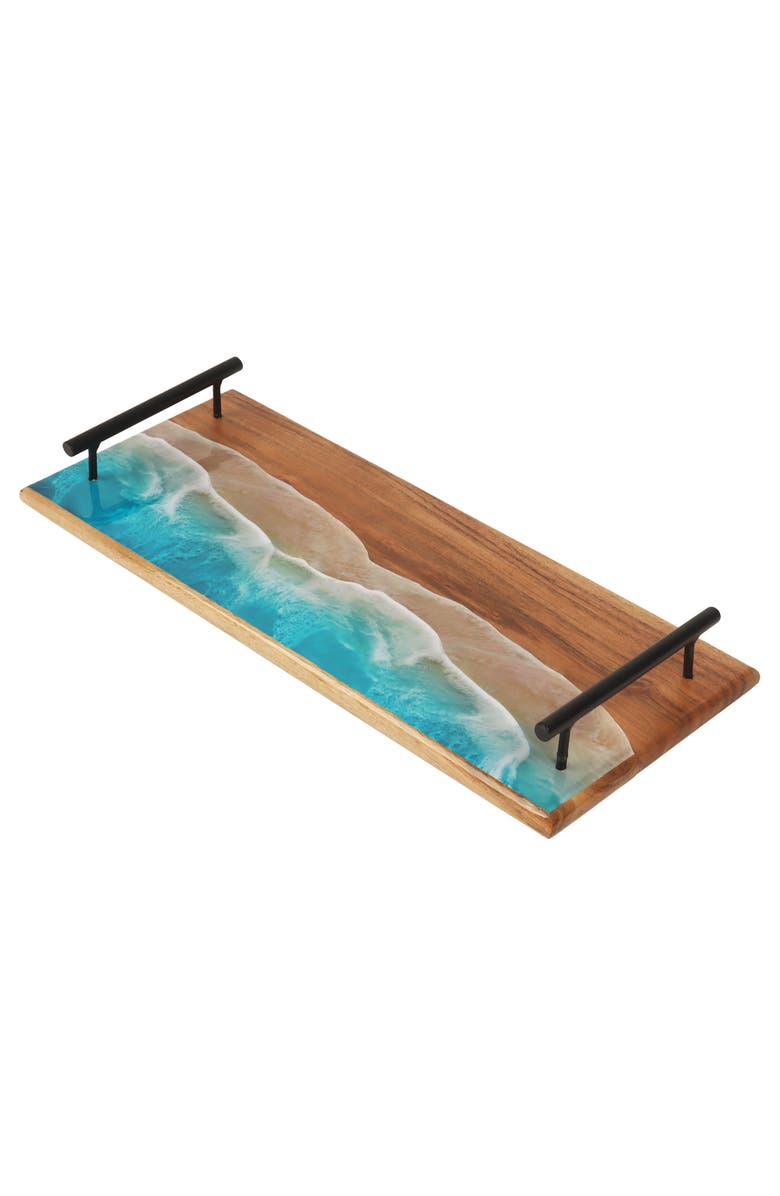 Gallerie II Wave Coastal Wood Novelty Rectangle Serving Tray with Handles, Main, color, Blue