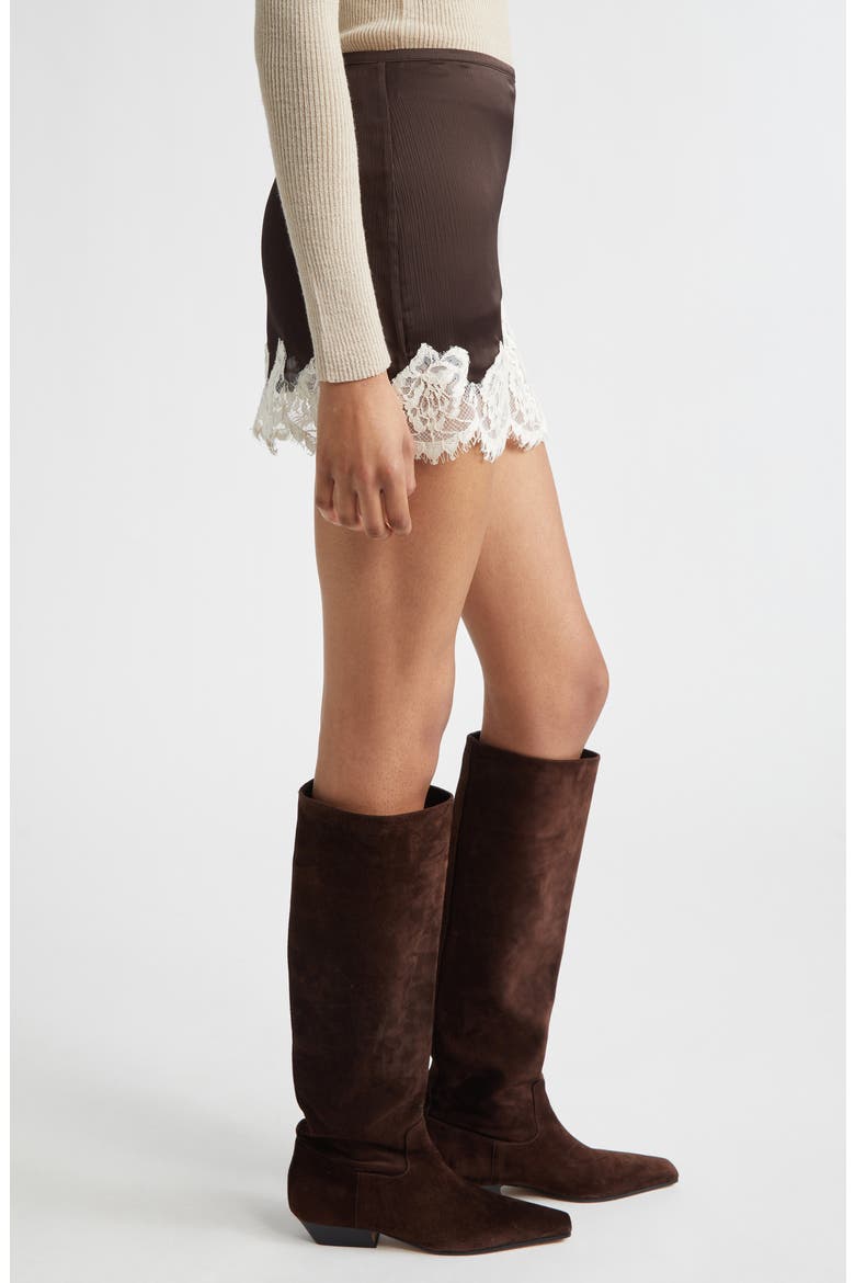 Niera Lace Trim Satin Miniskirt, Alternate, color, DARK BROWN/ WHITE