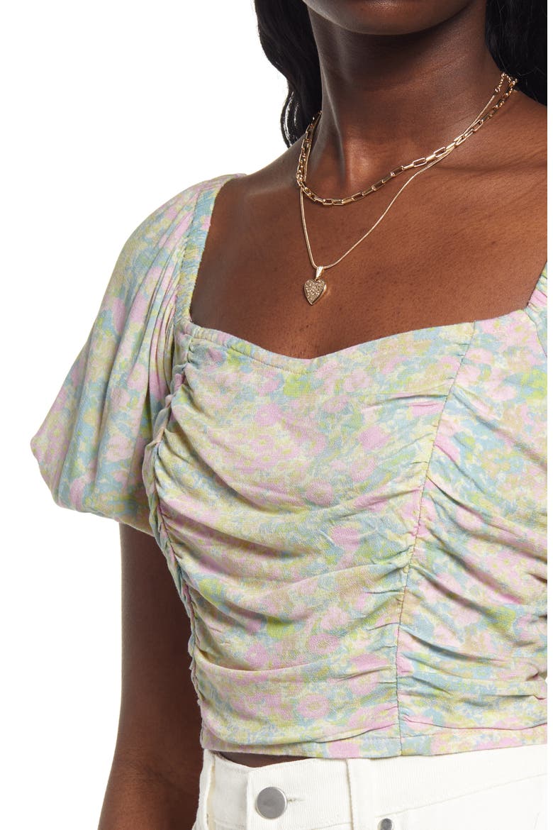 Floral Print Ruched Crop Top, Alternate, color, PINK- BLUE CROSSHATCH MEADOW