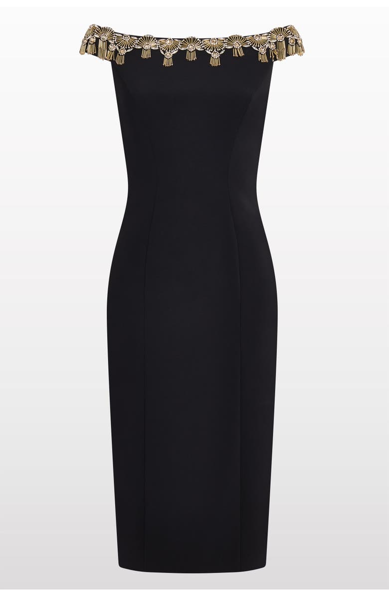 Jenny Packham Valorie Beaded Off-Shoulder Midi Dress, Main, color, Liquorice