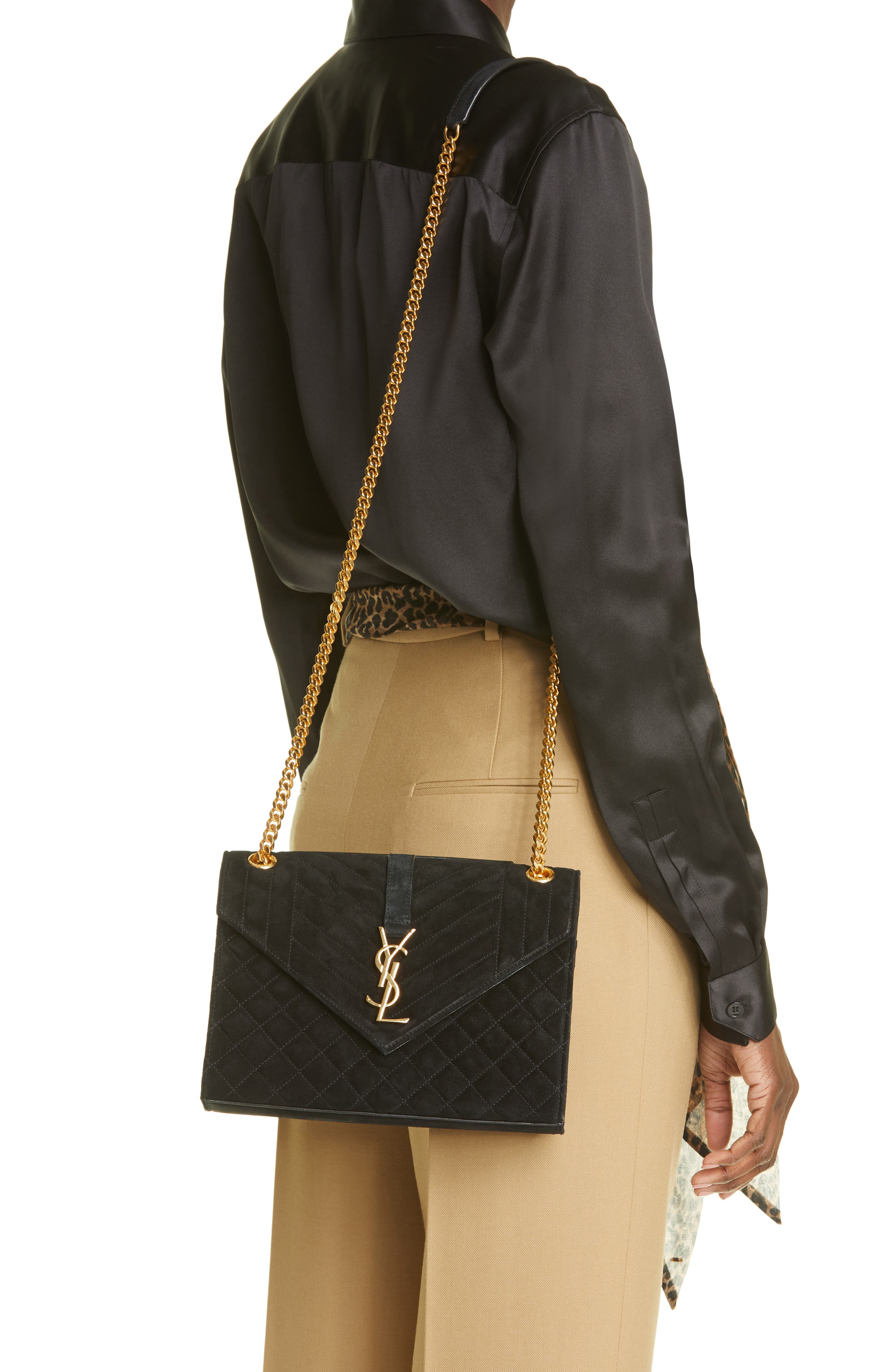 Saint Laurent Medium Cassandra Suede Envelope Bag, Alternate, color, 