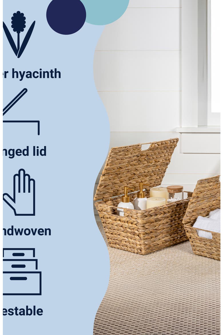 Wilder Classic Farmhouse Woven Hyacinth Rectangular Storage Baskets with Lids and Handles, Alternate, color, Natural