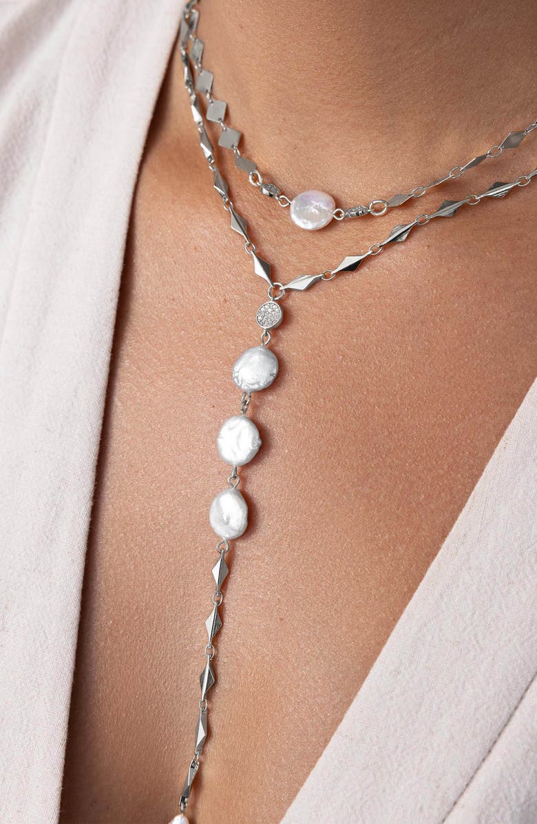 Ettika Dreamin Genuine Freshwater Pearl Layered Y-Necklace Set, Alternate, color, Silver
