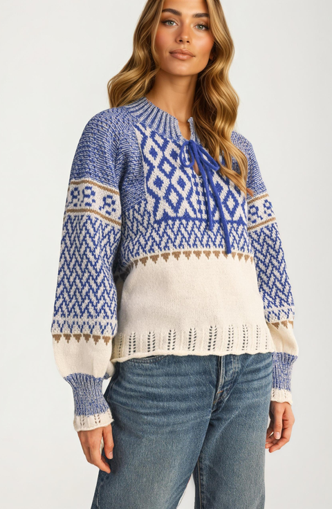 Fair Isle Tie-Neck Knitted Sweater