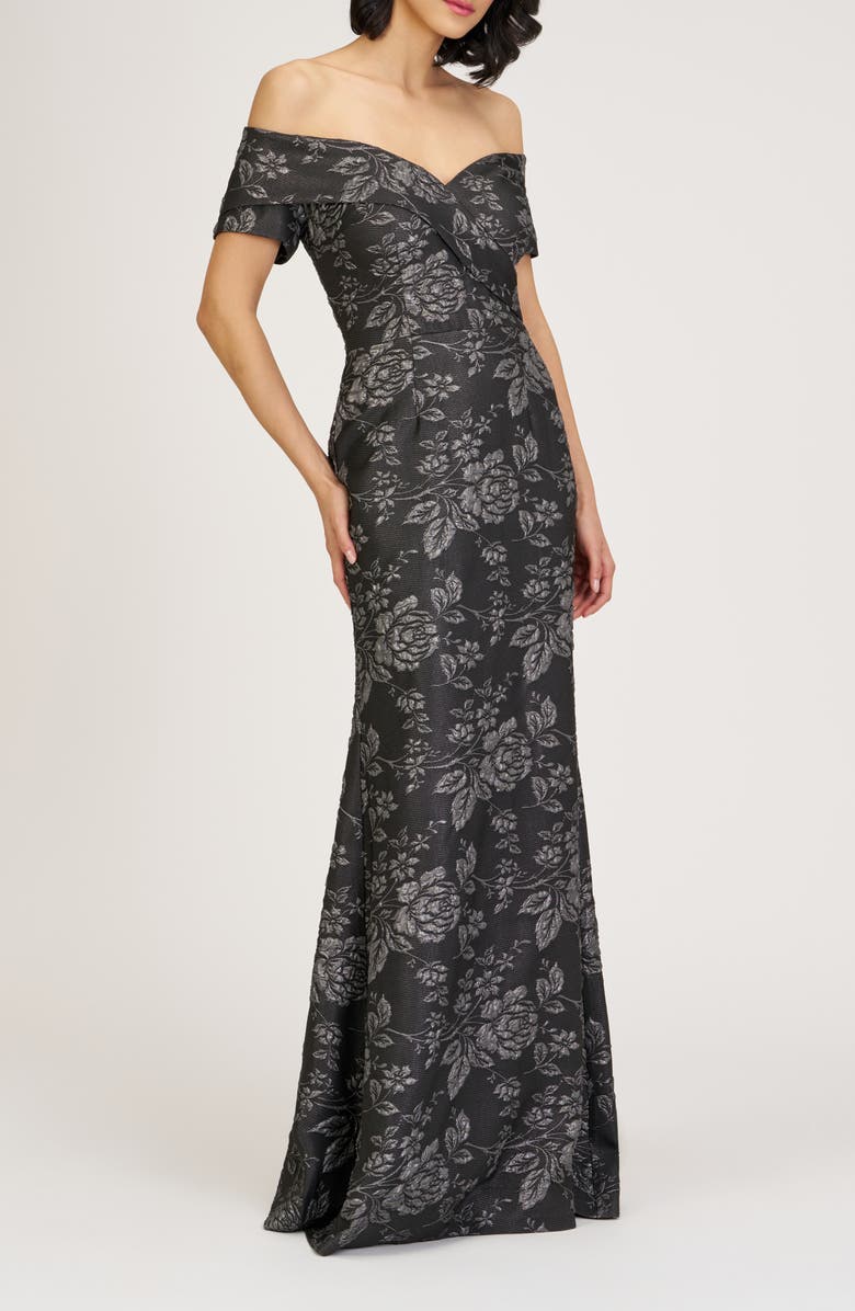 JS Collections Rosalina Floral Jacquard Mermaid Gown, Alternate, color, Black/ Silver