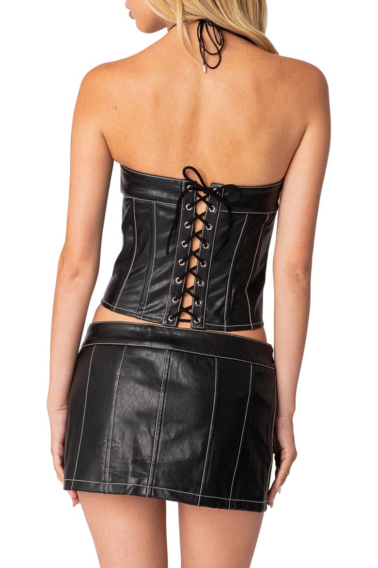 Moss Faux Leather Lace-Up Corset Top, Alternate, color, BLACK