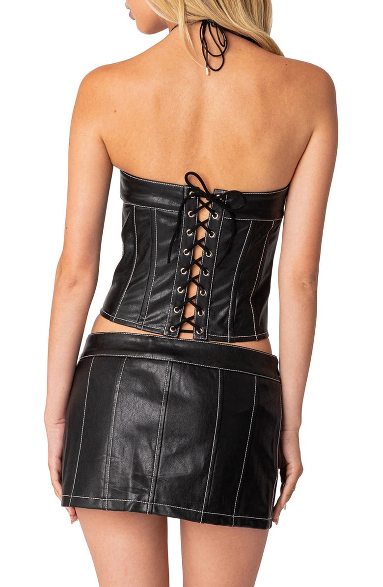 EDIKTED Moss Faux Leather Lace-Up Corset Top, Alternate, color, Black