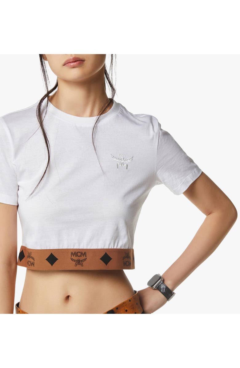 MCM Monogram Cropped T-Shirt in Organic Cotton, Alternate, color, White