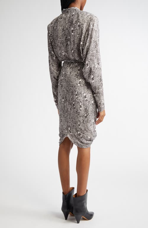 Isabel Marant Cleora Print Draped Long Sleeve Silk Blend Dress In Black/ecru
