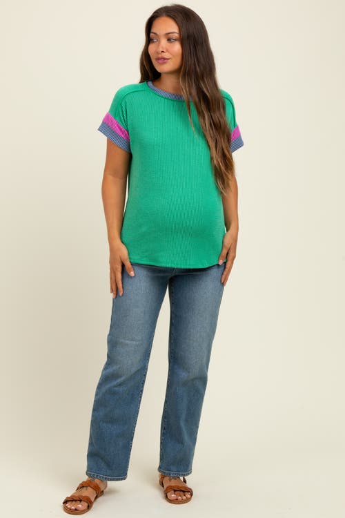 Pinkblush Ribbed Colorblock Detail Short Sleeve Top In Green