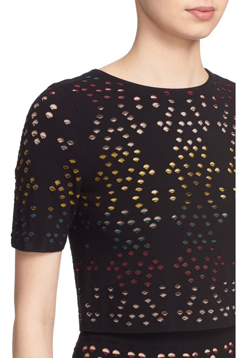 'Ines' Multicolor Pointelle Knit Crop Top, Alternate, color, BLACK/ MULTI