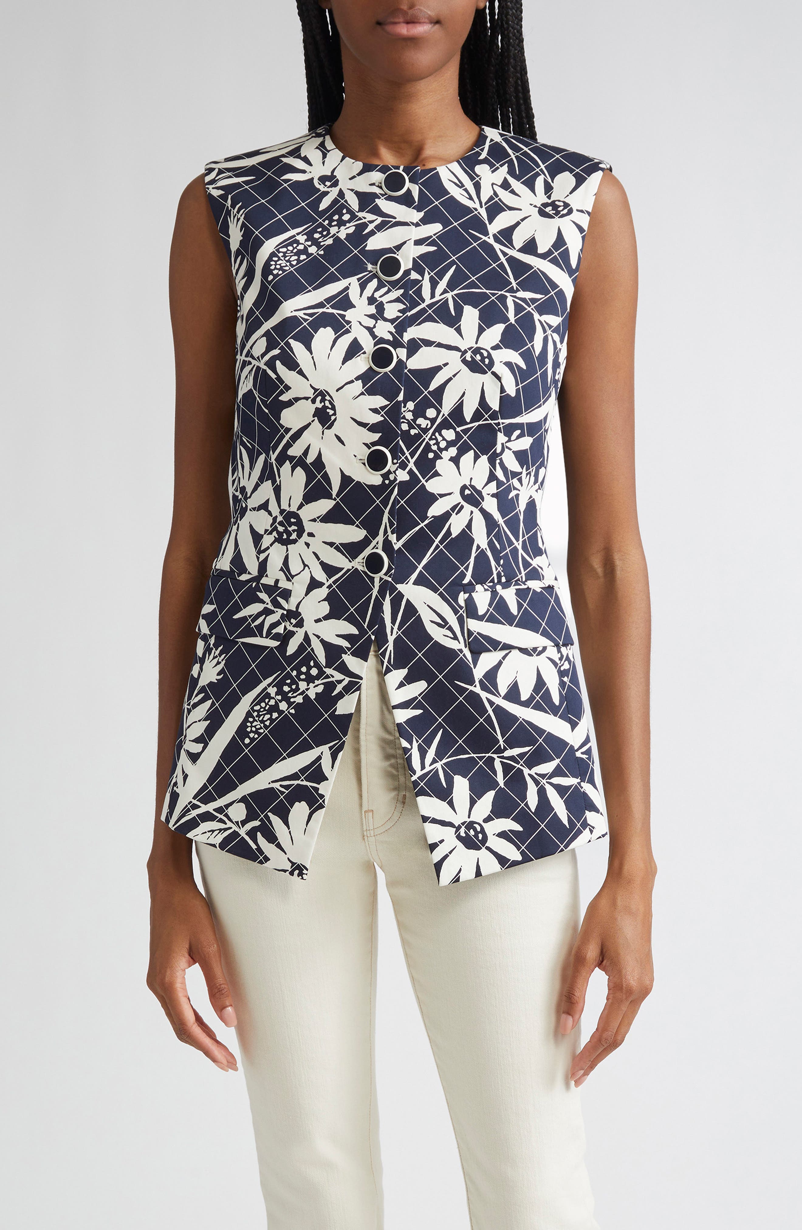 Veronica Beard Lois Floral Mixed Print Stretch Cotton Vest