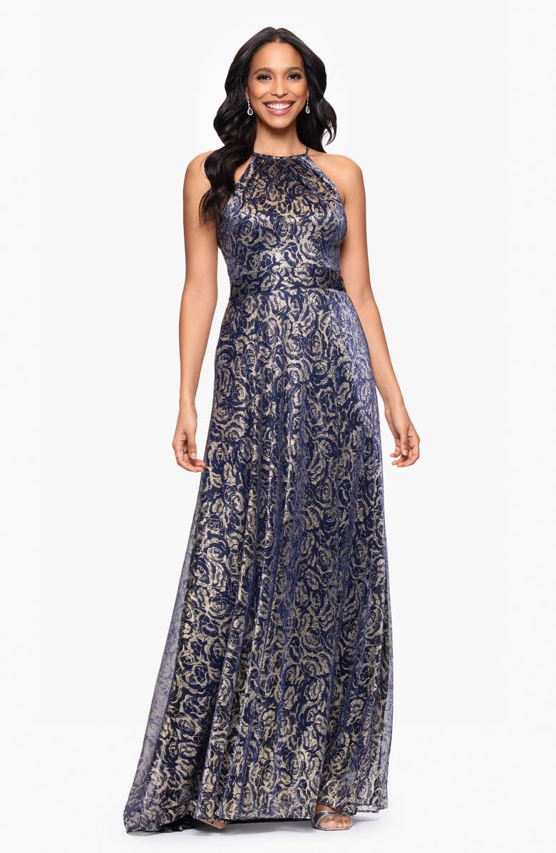 Betsy & Adam Metallic Floral Jacquard Dress, Alternate, color, 