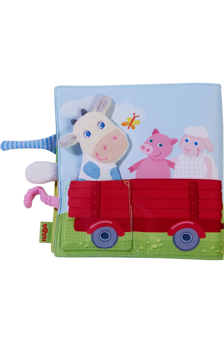 HABA Busy Book for Babies 6-12 months, Farm Fabric Book with Finger Puppet for Babies, Sensory Book for 6-12 Months, Main, color, Red Multi