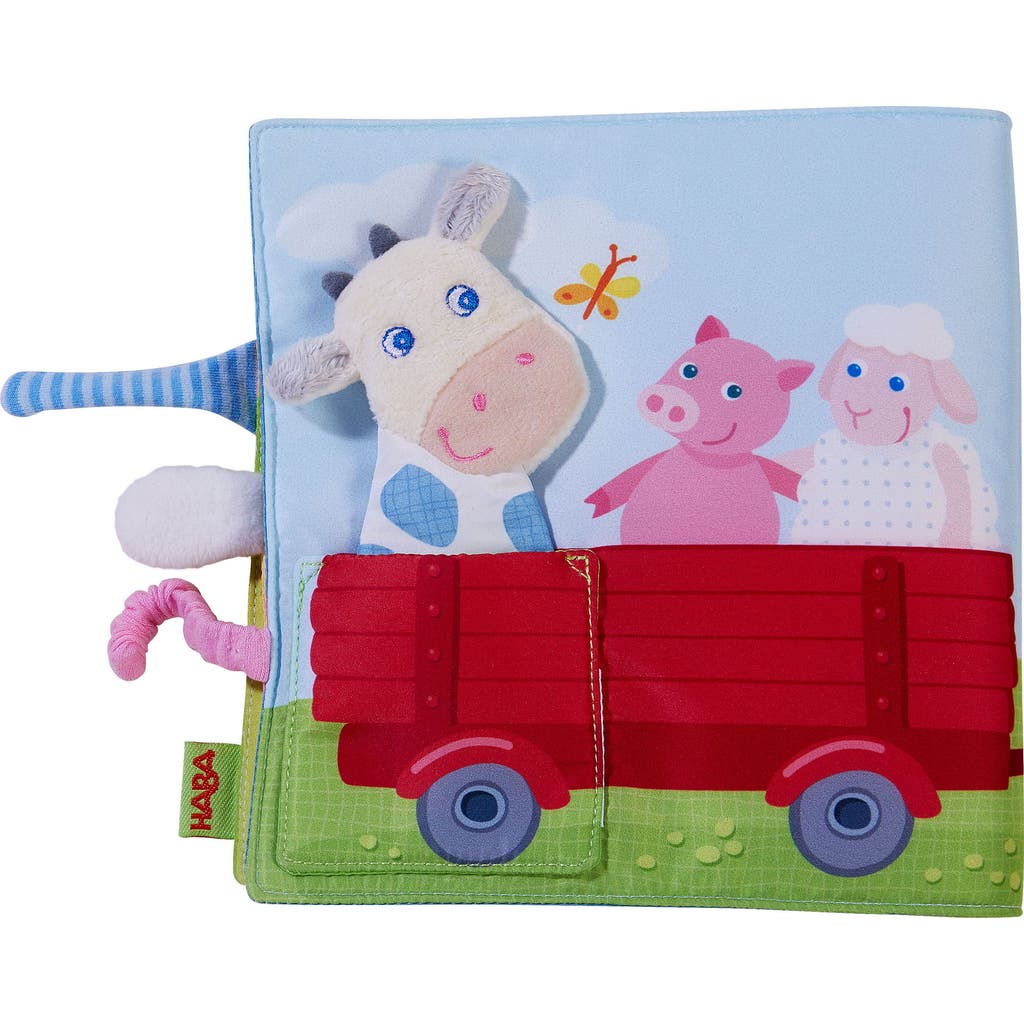 Haba Fabric Book Down On The Farm With Removable Finger Puppet In Red Multi