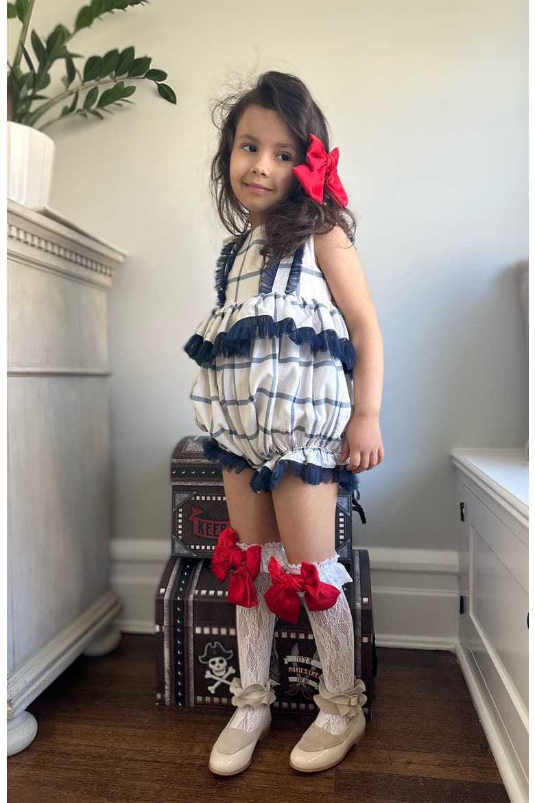 Checkered Linen Ruffle Romper, Alternate, color, Navy Checkered