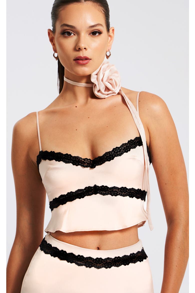 Yareli Lace Trim Satin Strappy Top, Main, color, Beige
