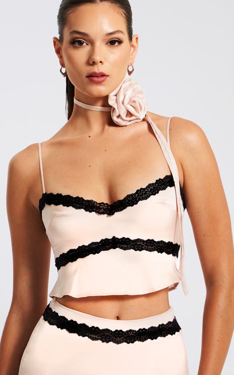 Yareli Lace Trim Satin Strappy Top